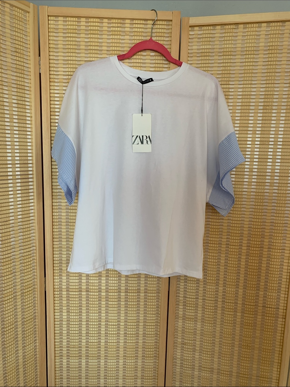 ZARA White Short Sleeve Tee with Blue Stripe Sleeve Panels